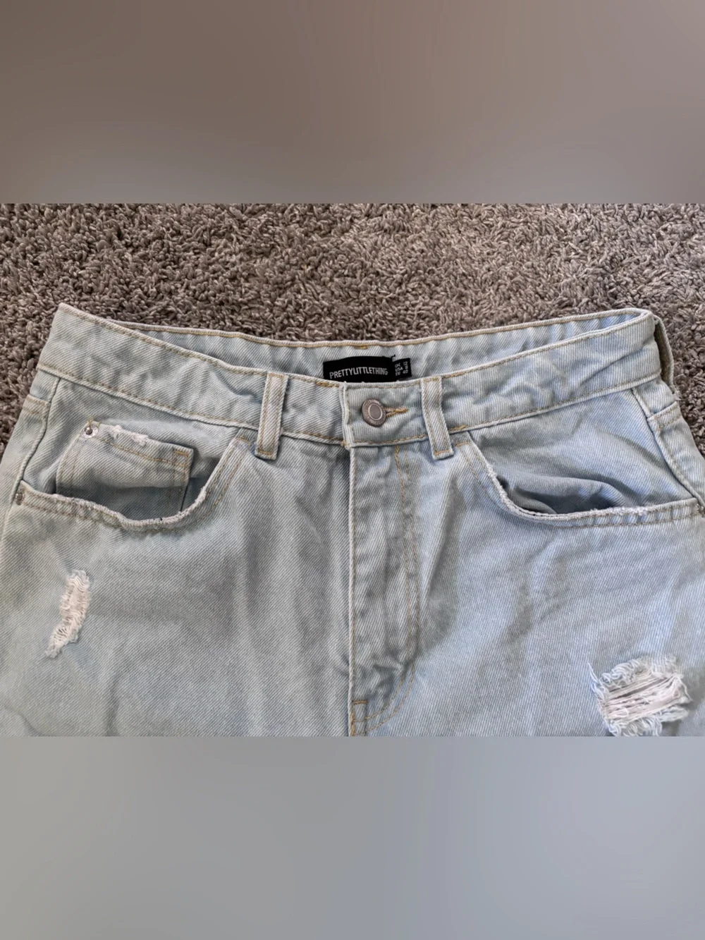PrettyLittleThing Light Blue Distressed Ripped Long Denim Shorts Womens Size 8